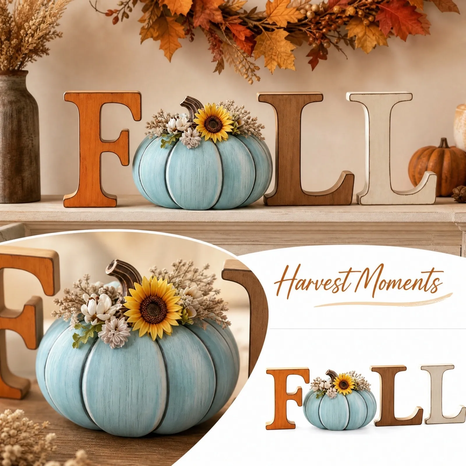  4-Piece Rustic Artificial Pumpkin With Sunflower Wooden Tabletop Decor Set Thanksgiving Home Tier Tray Ornament