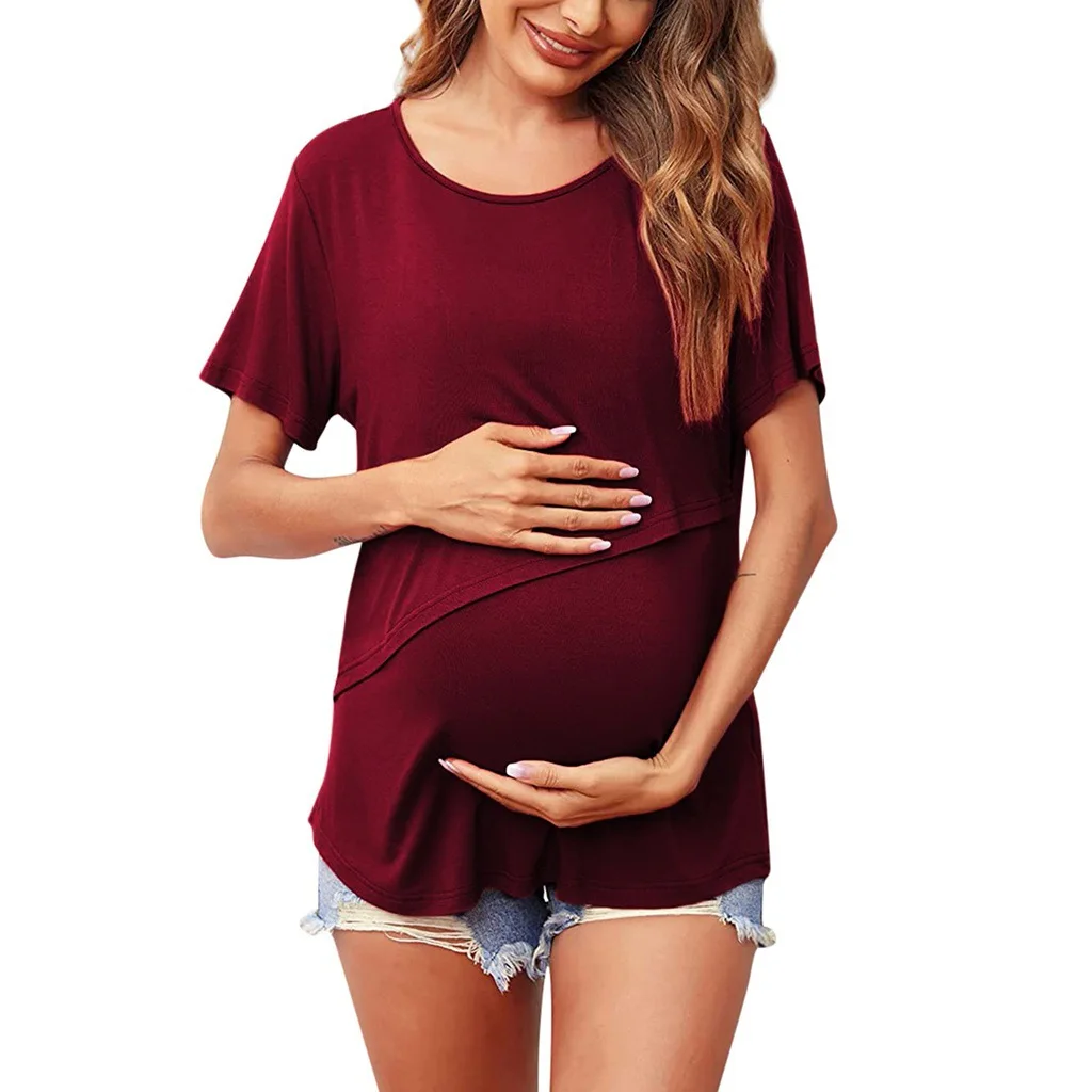 New Maternity pajamas Womens Short Sleeve Crew Neck Solid Color Summer Autumn Nursed Tops Casual pajamas For Breastfeeding Dress