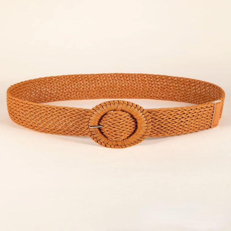 New Round Buckle Woven Waxed Rope Belt Vintage Simple Girls Paired Dress Jewelry Classic Pin Buckle Wide Belt for Women