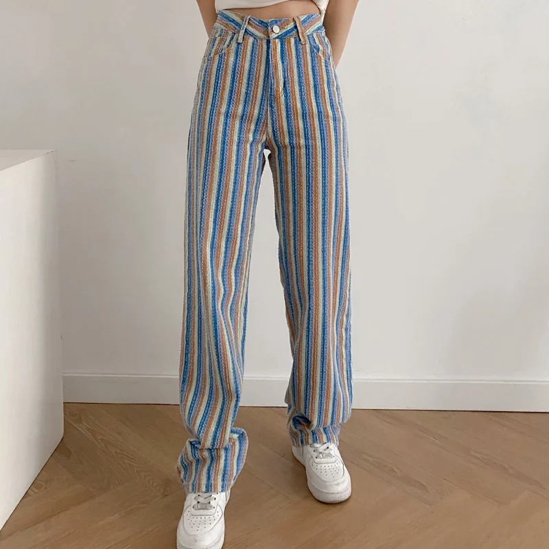 

E Girl Aesthetic Color Striped Straight High Waist Casual Pants Fashion Summer Women's Pants Women's Clothing Women Streetwear