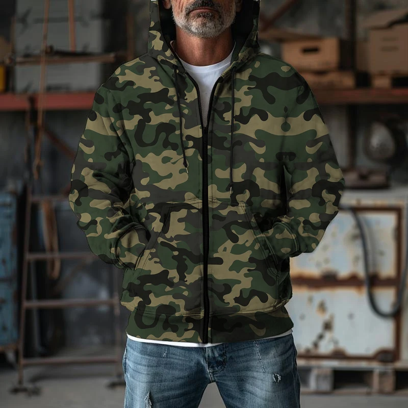 Autumn New Camouflage Pattern 3D Printed Men's Hooded Jacket Fashionable And Casual Tough Guy Style Men's Zipper Jacket Coat