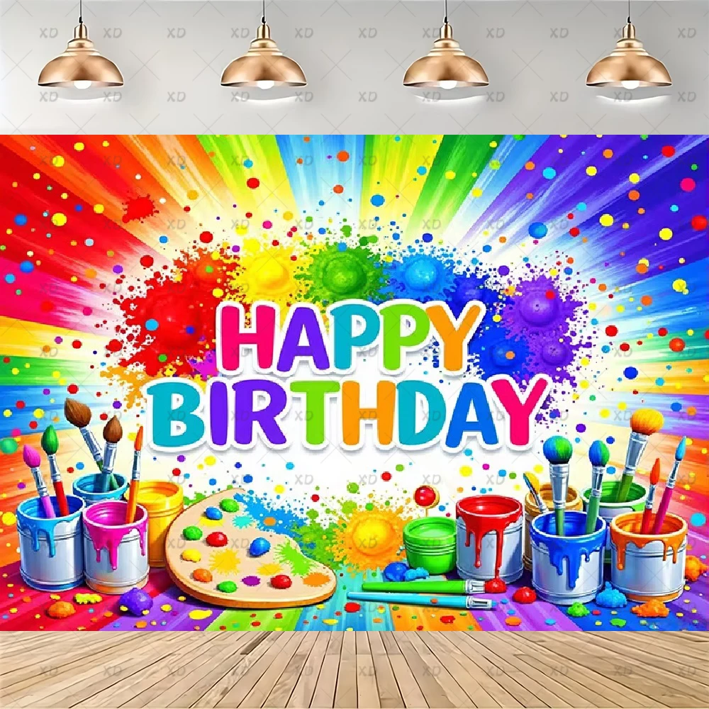 Painter Palette Brushes Party Decoration Background Rainbow Paint Splatter Art Backdrop Let's Paint Photo Booth Banner Props