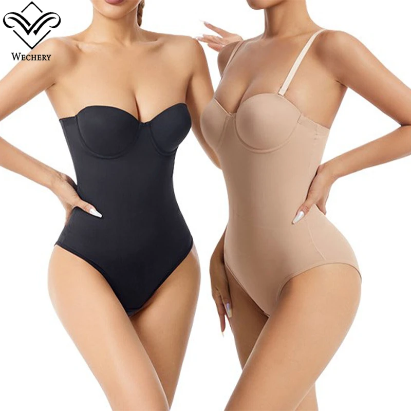 Wechery Women\'s Bodysuit Slimming Body Shaper Tummy Control Shapewear Detachable Shoulder Strap Female Underwear