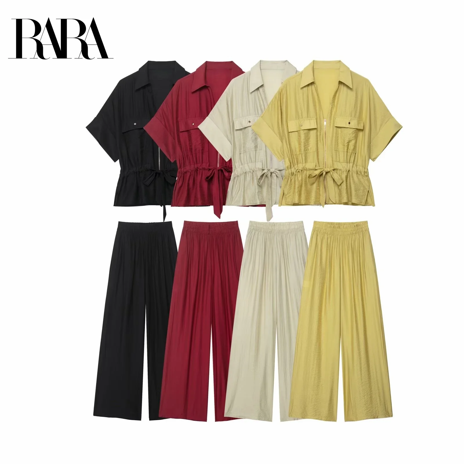 

RARA2025 Summer New Arrivals Women's Safari Style Lapel Short Sleeve Waist Tie Casual Shirt + Elastic Waist Wide Leg Trousers