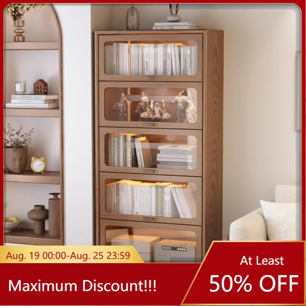 

Bookcase, 5-layer Wooden Bookshelf with Tempered Glass Door, Brown Storage Organizer, Bookshelf Multifunctional Storage Cabinet