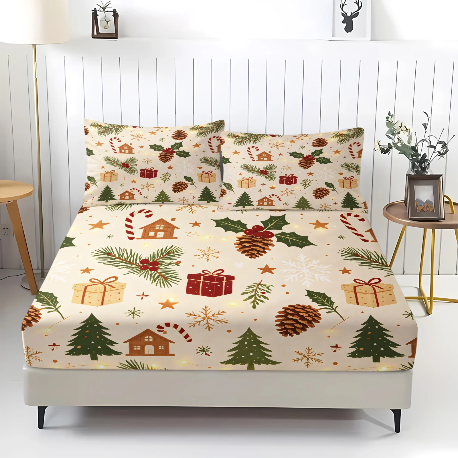 Vintage Christmas Fitted Sheet Set Pine Cone Gift Xmas Tree Candy Cane Snowflake Star Print Deep‑Pocket Elastic Mattress Cover