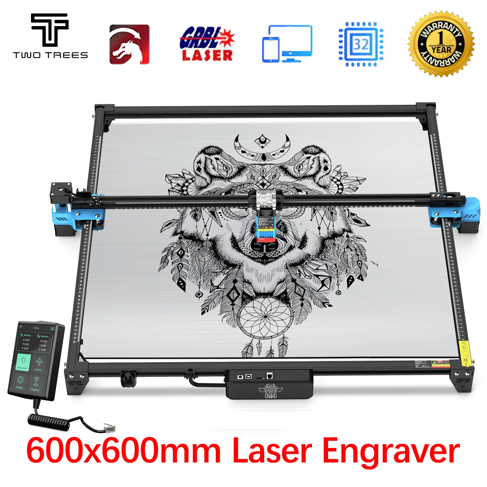 TwoTrees 600x600mm CNC Laser Engraver 40W/80W TTS With Screen Glass Metal Laser Engraving Machine Wood Leather Cutting Machine