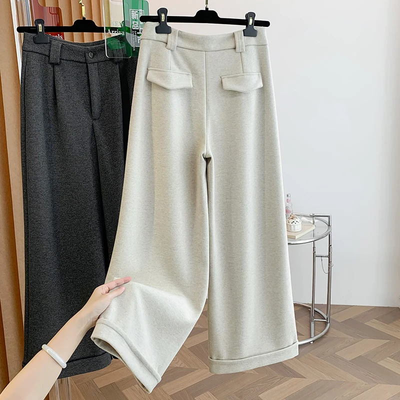 Pantaloni a gamba larga da donna nuovi invernali Pantaloni casual larghi foderati in lana Fce Pantaloni lunghi dritti Faion con risvolto