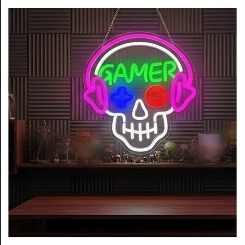 Dimmable Gamer Skull Neon Sign For Gamer Room Wall Decor USB Powered Teen Boys Room Game Area Men Cave 30cm×32cm