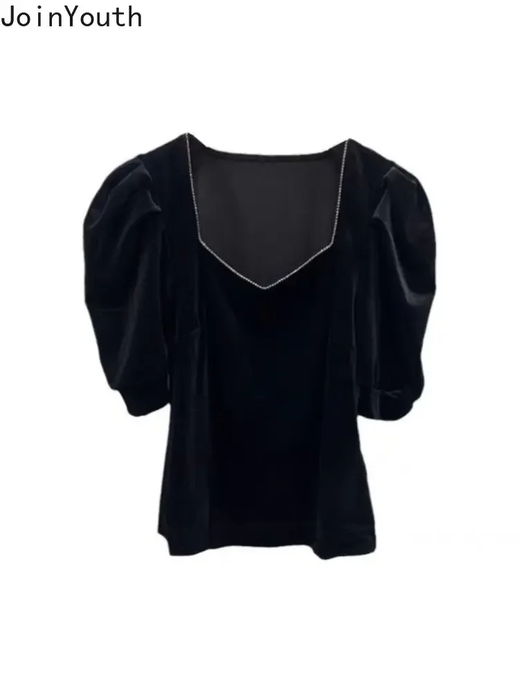 Blusas De Mujer 2023 Temperament Women Crop Tops Square Collar Puff Sleeve Velvet Shirts Diamond Black Tunic Summer Blouses