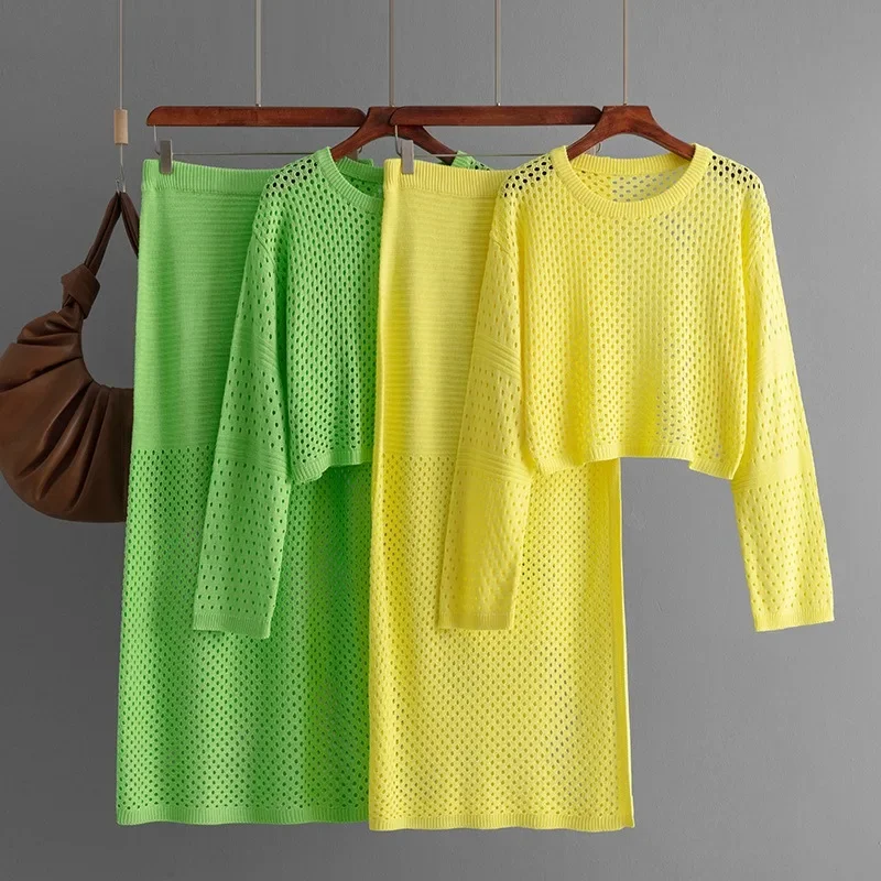 

2024 New Fashion Women Hollow-out Beach Skirt Suit Summer Knitwear T-shirt Tops with Long Skirt Women Two-piece Sets Holiday