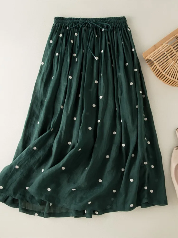 Vintage Polka Dot Cotton Linen Skirt Women Drawstring Elastic Waist A-Line Casual Loose Big Swing Pleated Skirts Summer Vestidos