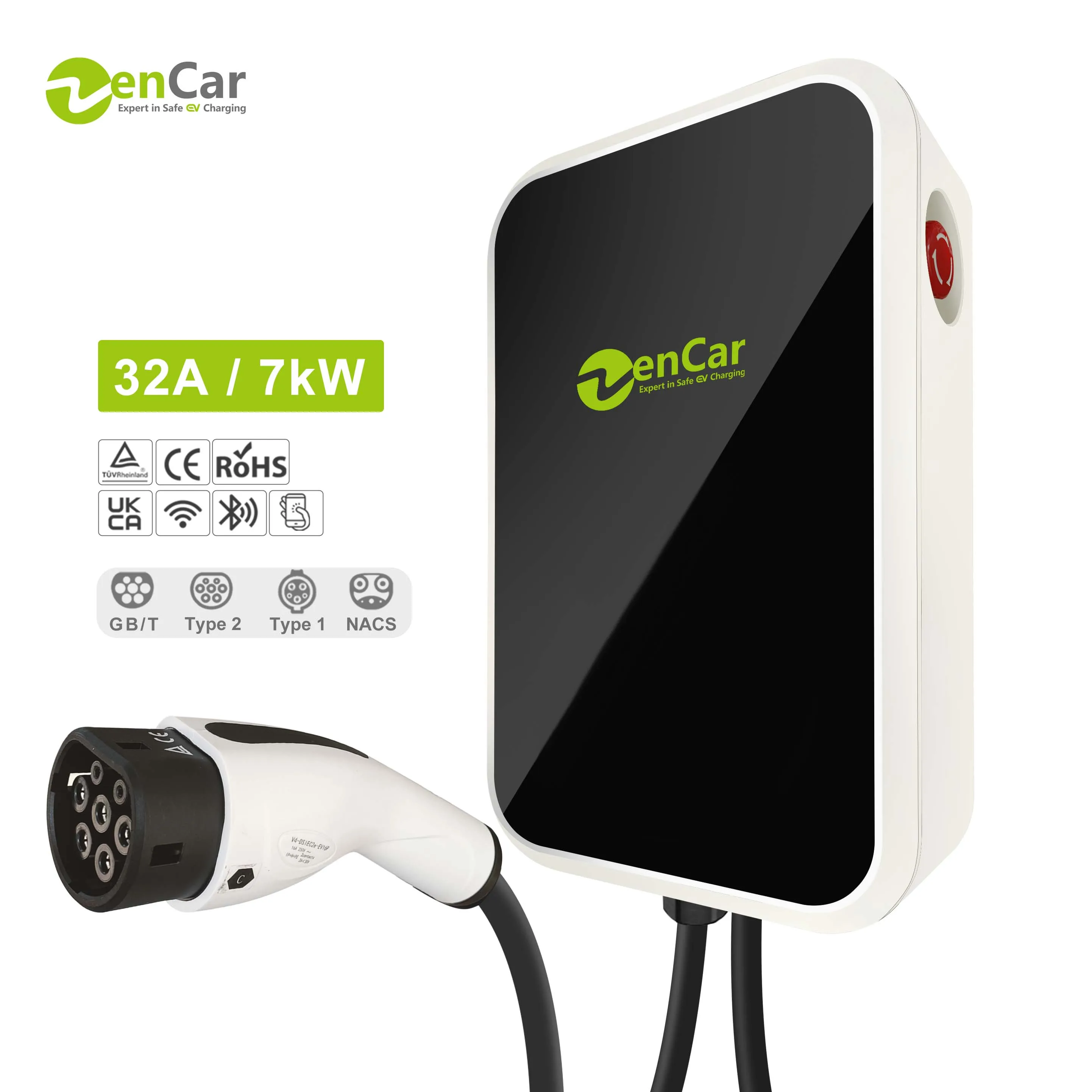 Zencar 32A 7kW Charge Station EV Smart EV Charger With Wifi & OCPP App Control Compatible T1 T2 GB/T NACS Plug For Car Charging