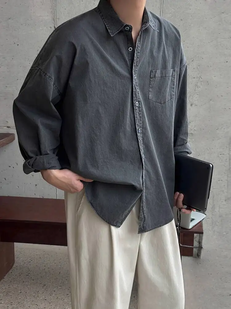 SYUHGFA 2026 printemps Niche Design hommes chemises col rabattu couleur unie Vinntage à manches longues simple boutonnage homme chemise hauts