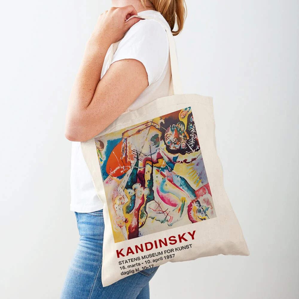 Kandinsky-Bolso Modular abstracto de acuarela para mujer, bolsa de mano reutilizable, informal, de lona, con doble impresión