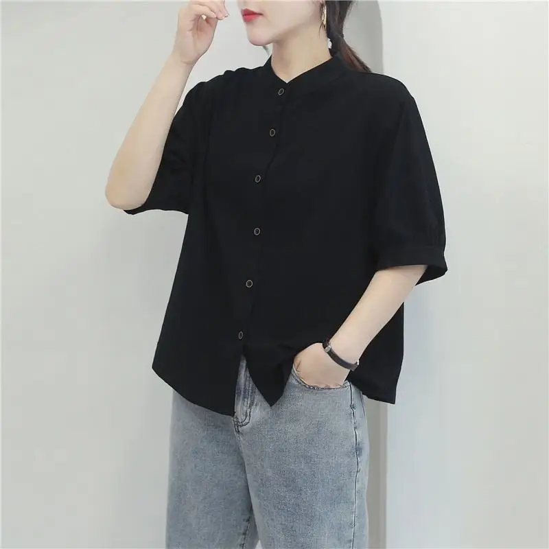 Women Summer Vintage Simplicity Loose Solid Color Appear Thin O-neck Short Sleeve Shirts Women Clothes Fashion All-match Tops