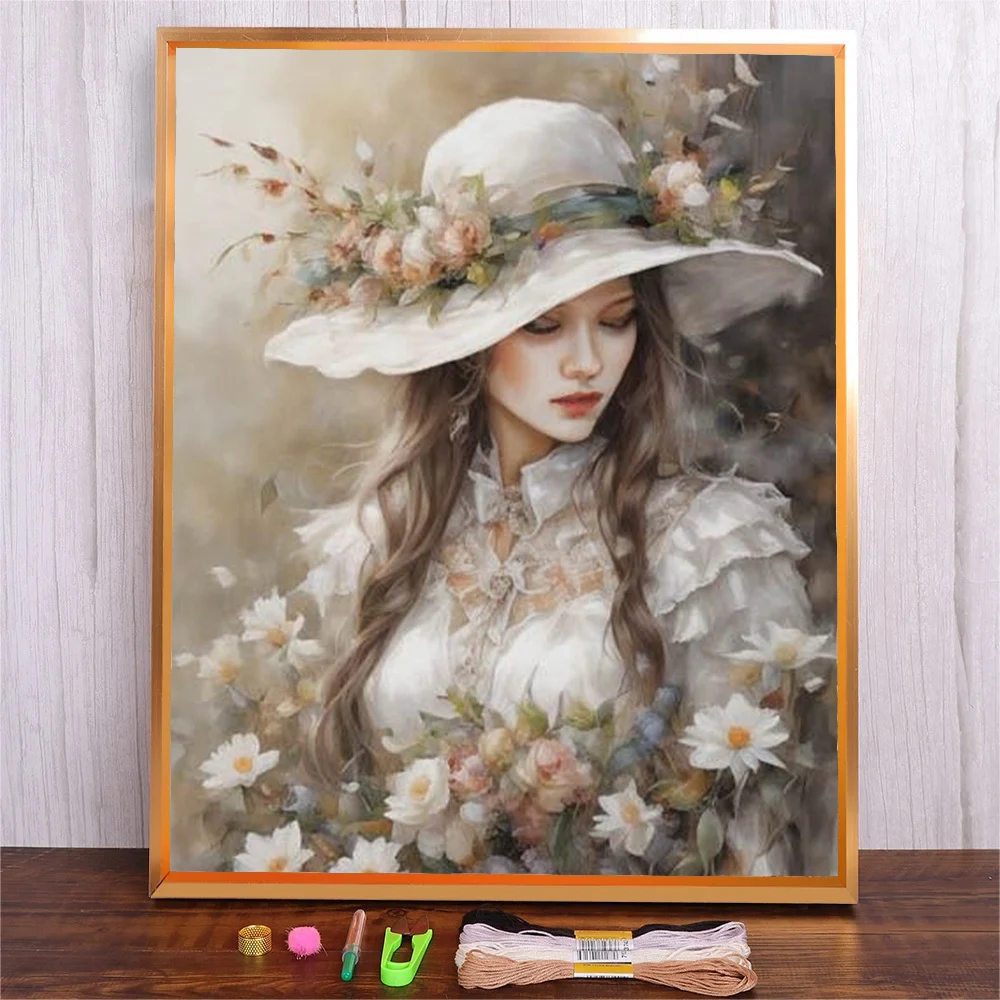 

Embroidery Starter Kit Color Thread Flower Hat Girl Printed Embroidery Kit For Beginners Pattern Cross Stitch Kits For Adults