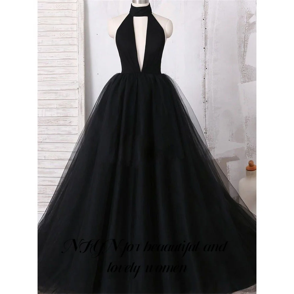 NFYN A Line Halter Black Evening Gown Deep V Neck Elegant Prom Dress Sleeveless Wedding Evening Dress robes de soirée Customized