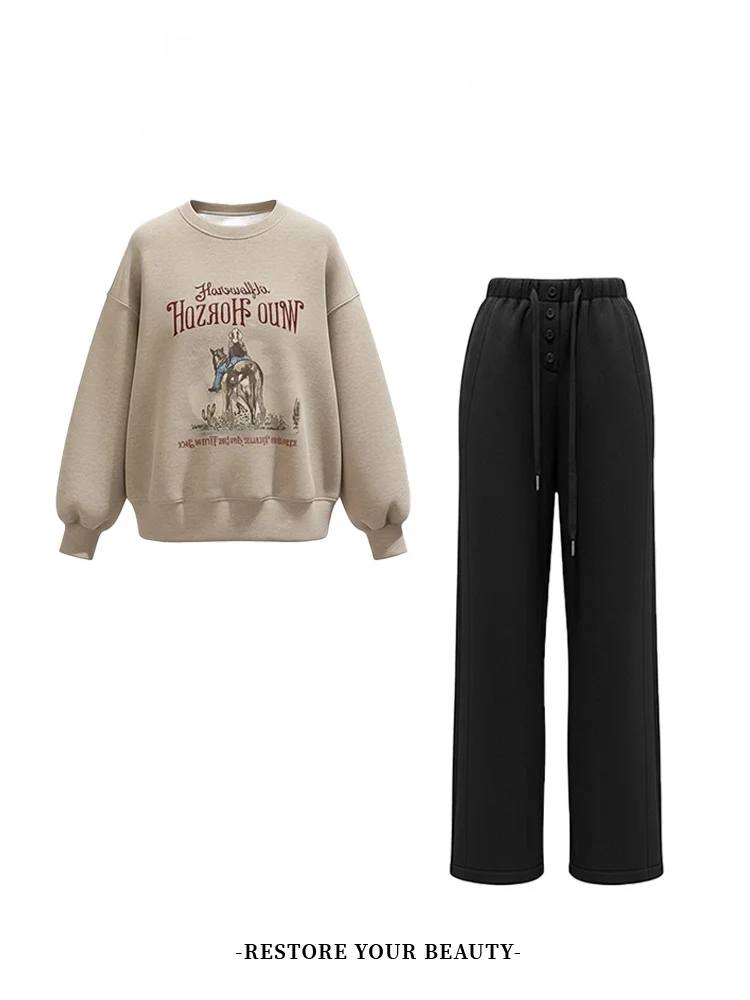 Women's Fce Lined Oversized round Ne Sweatirt And Wide Leg Pants Two Piece Set Comfortable Loose Fit Winter Outfit