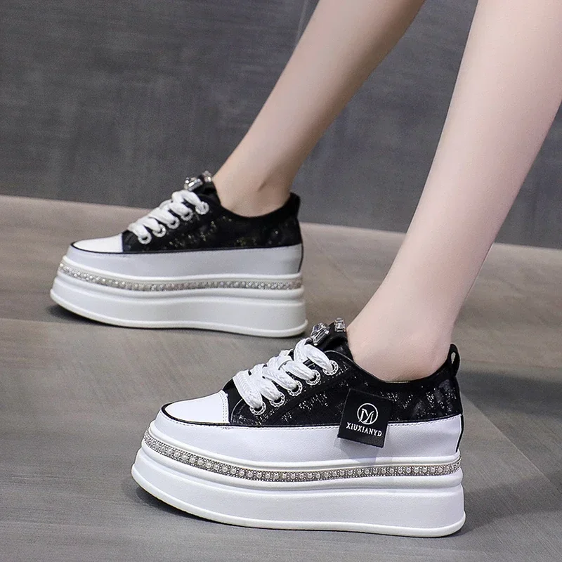 Women 8CM Platform Casual Outdoor Shoes Rhinestone Shine Decoration Sneakers Lace Up Walking Sport Breathable Thick Bottom Shoes