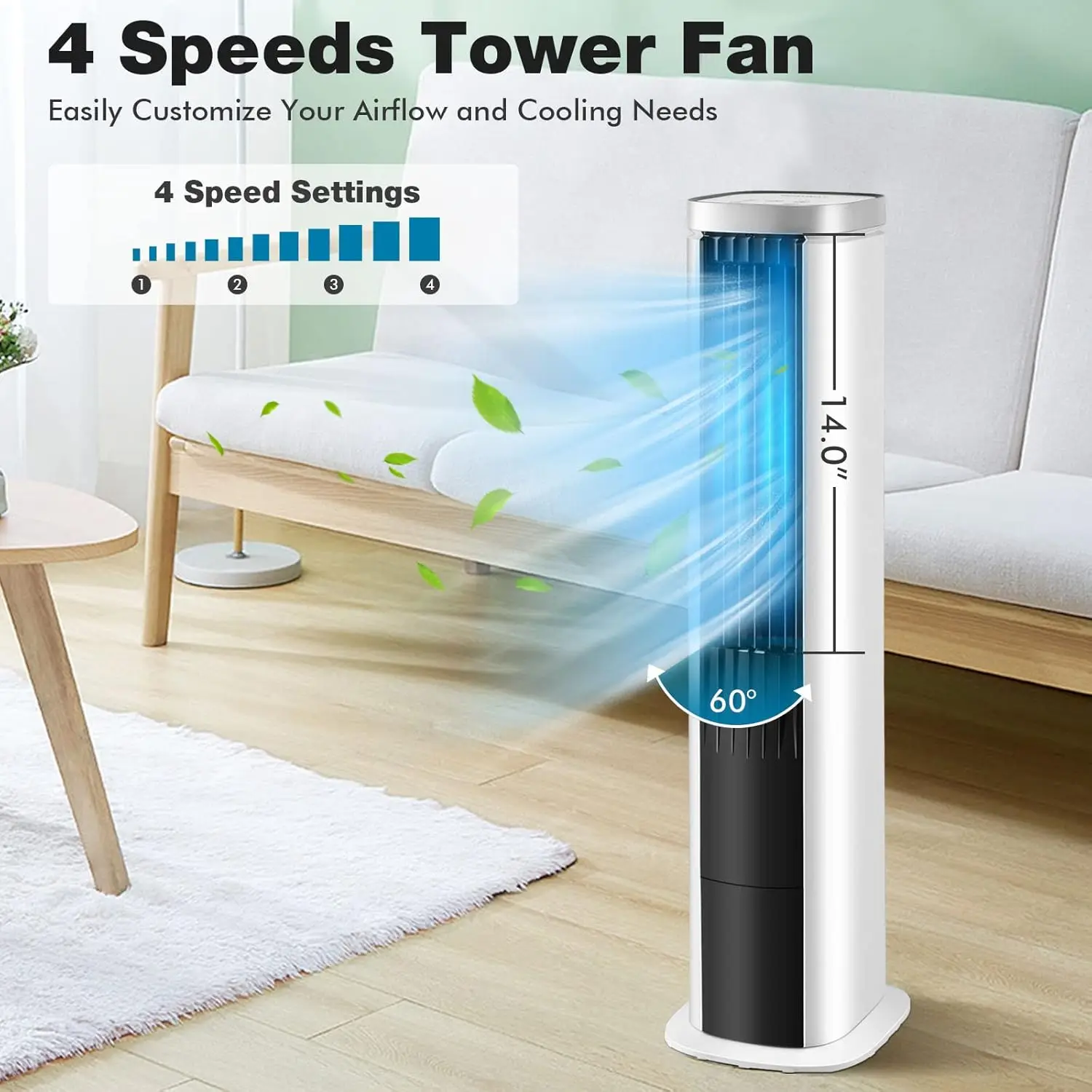 Evaporative Air Cooler, Portable 3-in-1 Cooling Tower Fan with Remote, 4 Speeds, 7H Timer, 4 Ice Packs, 60° Oscillation,