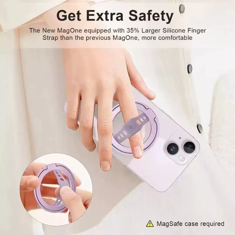 Magnetic Ring Phone Holder, Wireless Charging Grip Stand, Removable Bracket with Silicone Finger Strap for Car Use