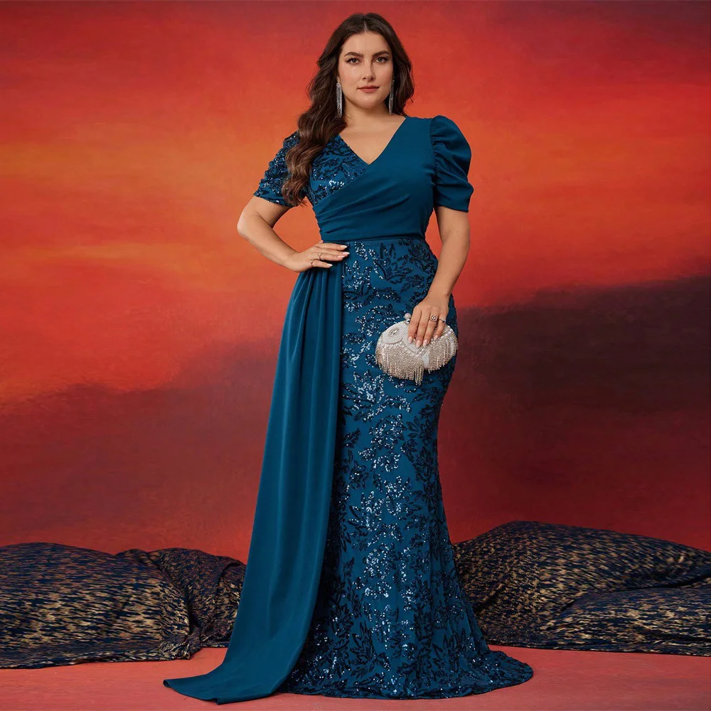 DEERVEADO Women Plus Size Evening Dresses Elegant Mermaid V-Neck Party Maxi Dresses Formal Occasion Dress Long Evening Gown Gala