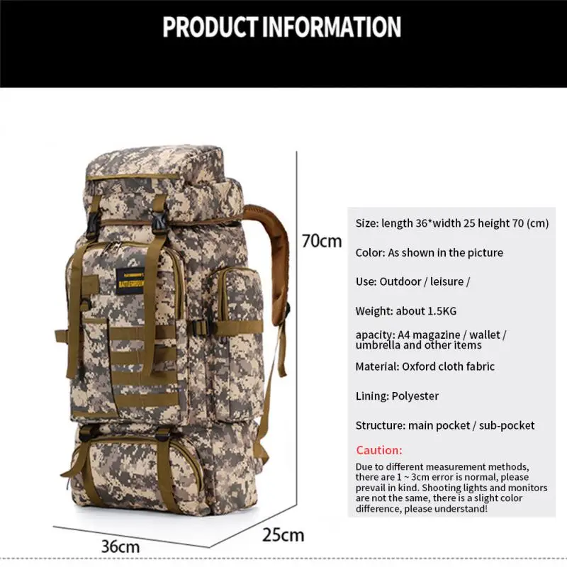 80L Tactical Bag Army Military Training Hunting Waterproof Backpack Outdoor Camping  Hiking Climbing Bag Mountaineering Rope