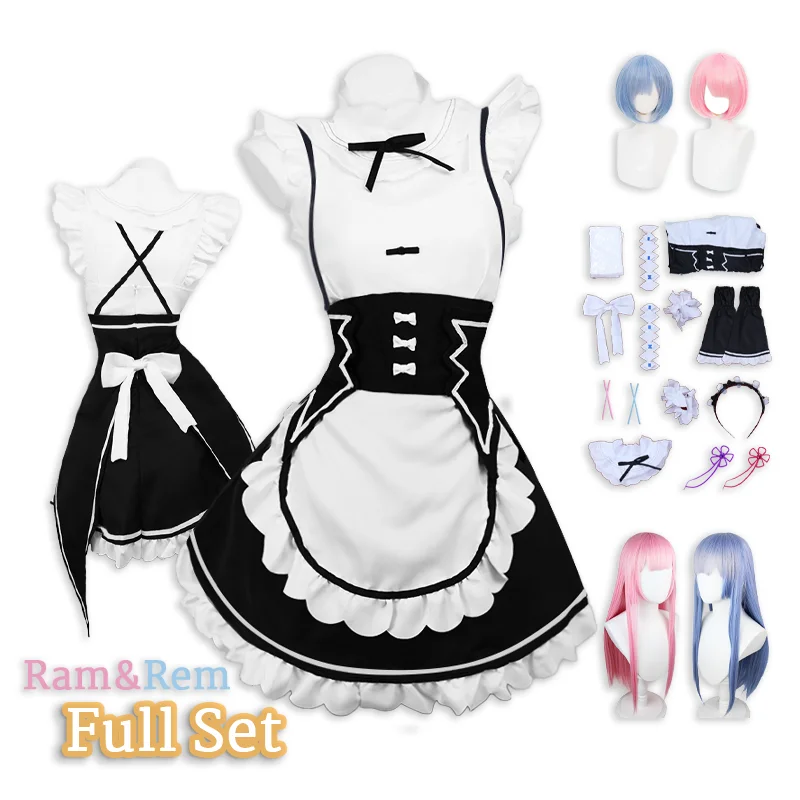 Ram Rem Cosplay Lolita Maid Cosplay Costume Vestido Re:zero Kara Hajimeru Isekai Seikatsu Halloween Costume for Women Loli Dress