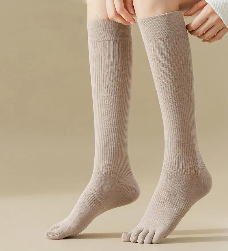 Women\'s Long Tube Five Finger Socks Pressure leg Stockings Pure Cotton Casual Harajuku Solid Mid Calf 5 Toes Socks with Toes