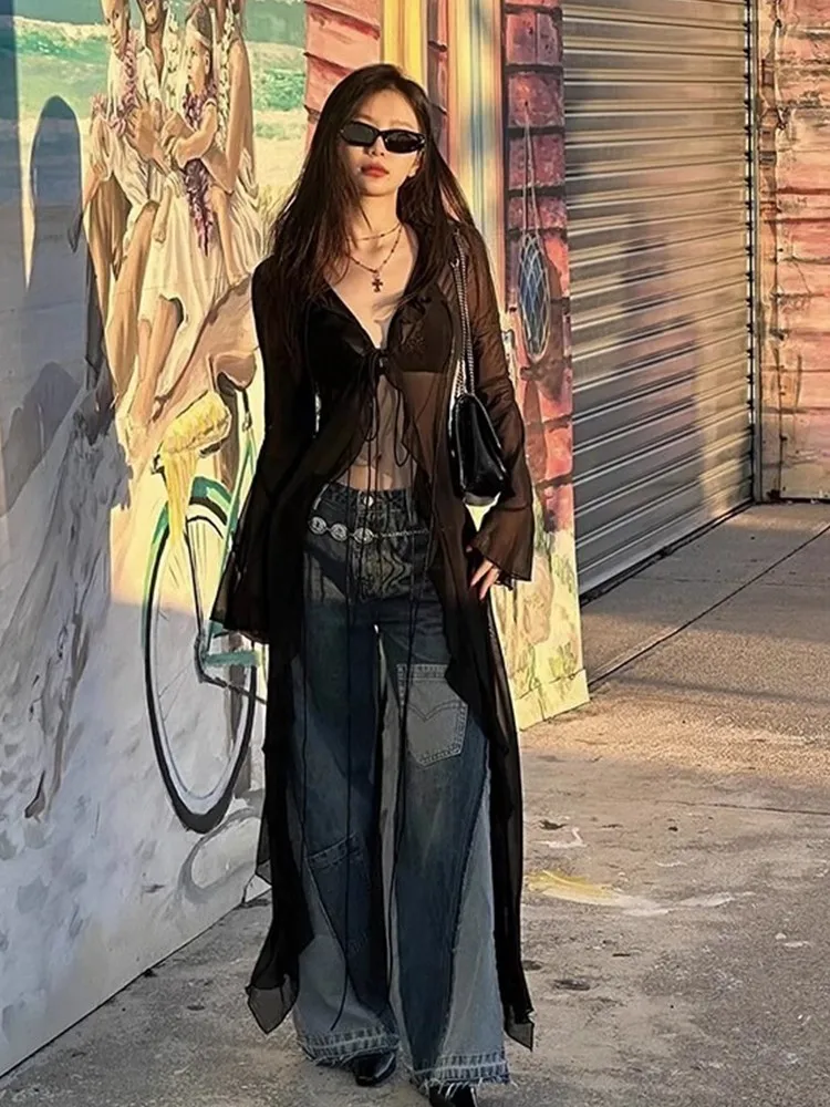 Sweet Spicy Hollow out Long Sleeve Beach Sun Protection Open Cardigan Women's Thin Cover up See through Long Outerwear Top