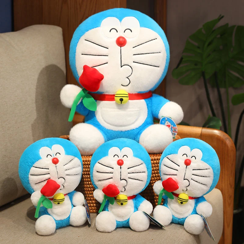 

Cartoon Doraemon Hold roses Plush Toy Kawaii Stuffed Figure Plushies Soft Pillow Sofa Bed Home Decor Gift