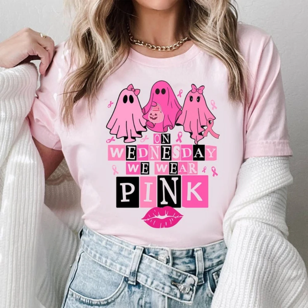Retro on Wednesday We Wear Pink Shirt Breast Cancer Awareness Tshirt Breast Cancer Month Pink Ghost T-Shirt Halloween Women Tops
