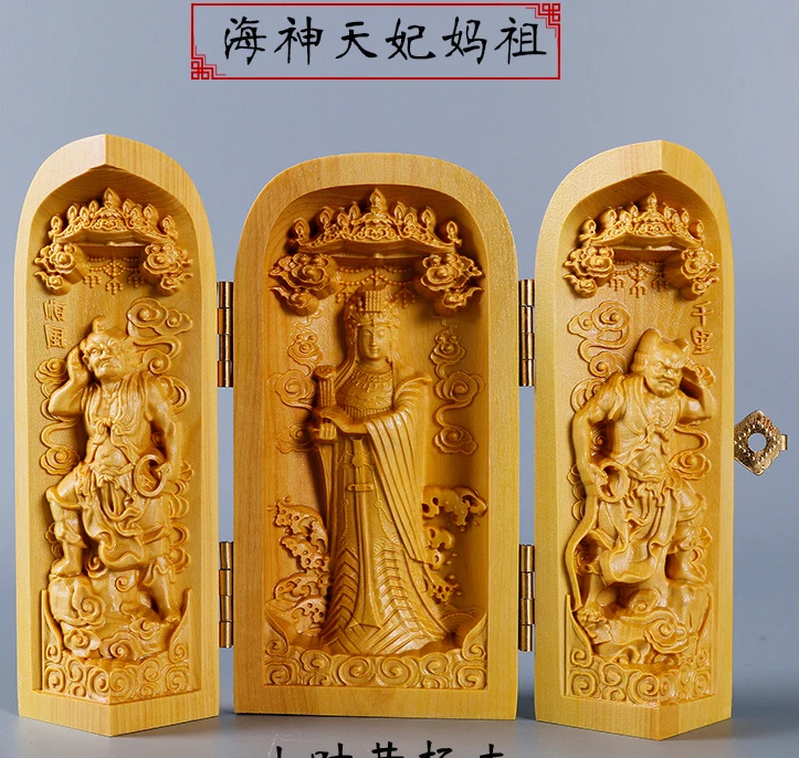 bless family Safety luck Talisman home efficacious Sea Goddess Meizhou Mazu wood Carving statue small niche