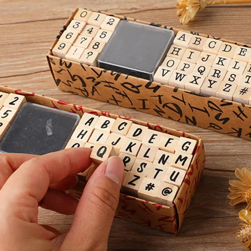 Set Alphabet Stamps Vintage Wooden Rubber Letter Number Symbol Stamp Set With Black Ink Pad For Card Making Planner Scrapbook