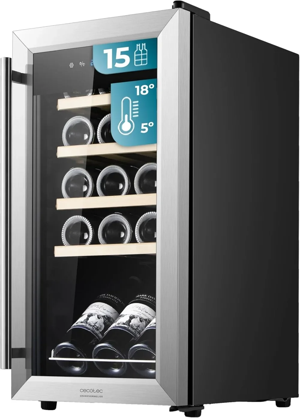 Vinoteca Bolero Grandsommelier 1550 Inox Compresor, 15 botellas de capacidad, Puerta y tirador inox, Alto rendimiento,