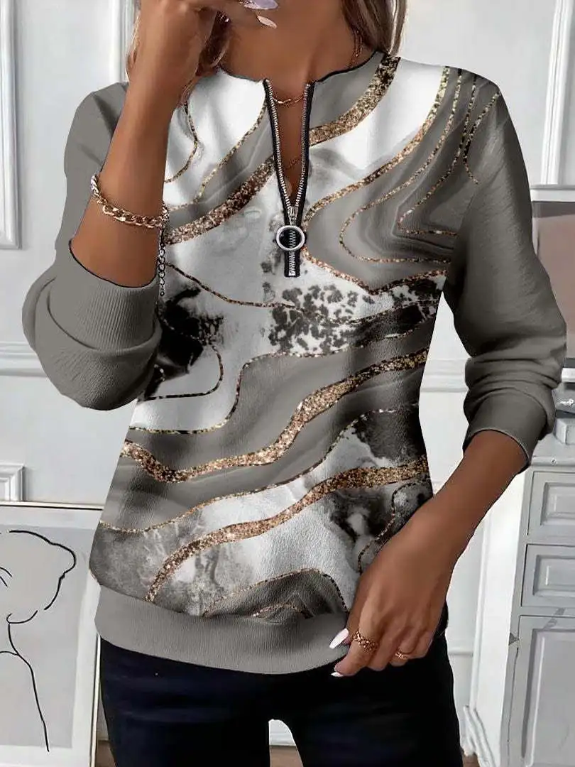 2026 Autumn Women's New Gradient Fine Vertical Printed Casual Top, Street Fashion Long Sleeve Top