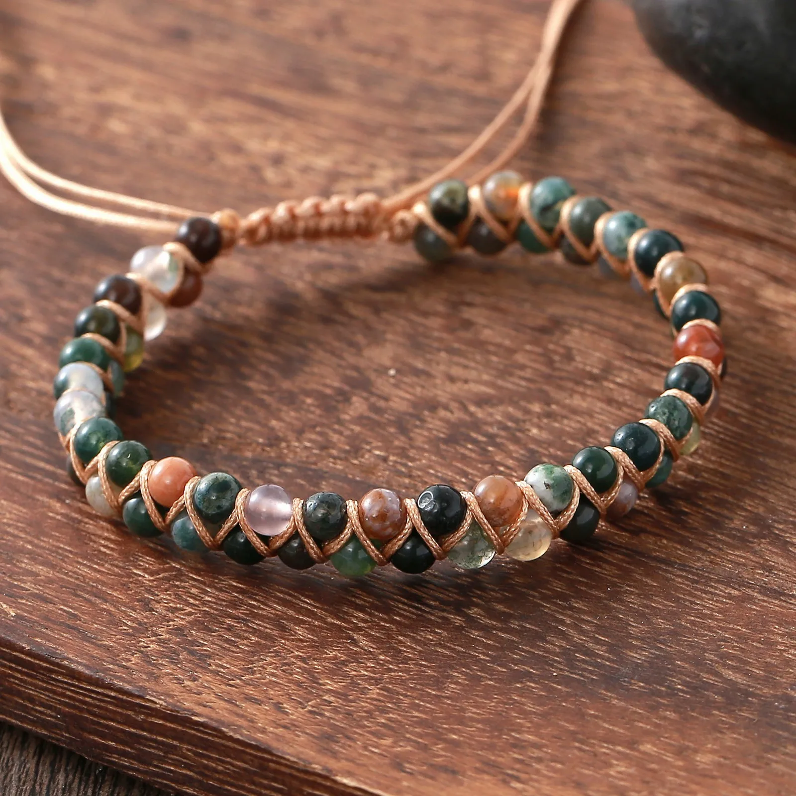 Women's Bohemian Indian Agate 4mm Double Layer Colorful Natural Stone Handmade Woven Drawstring Bracelet