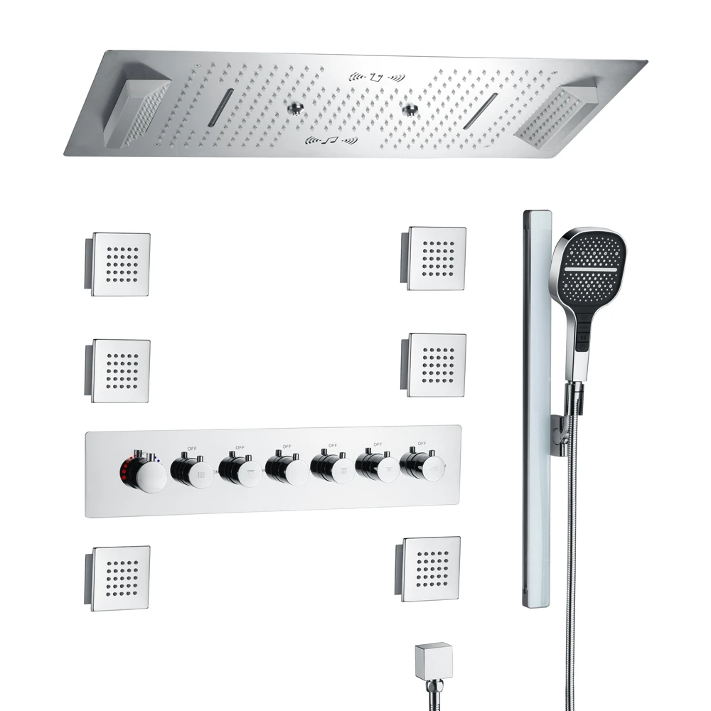 Luxurious Music Large Thermostatic 64 LED  Colors Rainfall Shower System Six Functions Shower Faucet Set