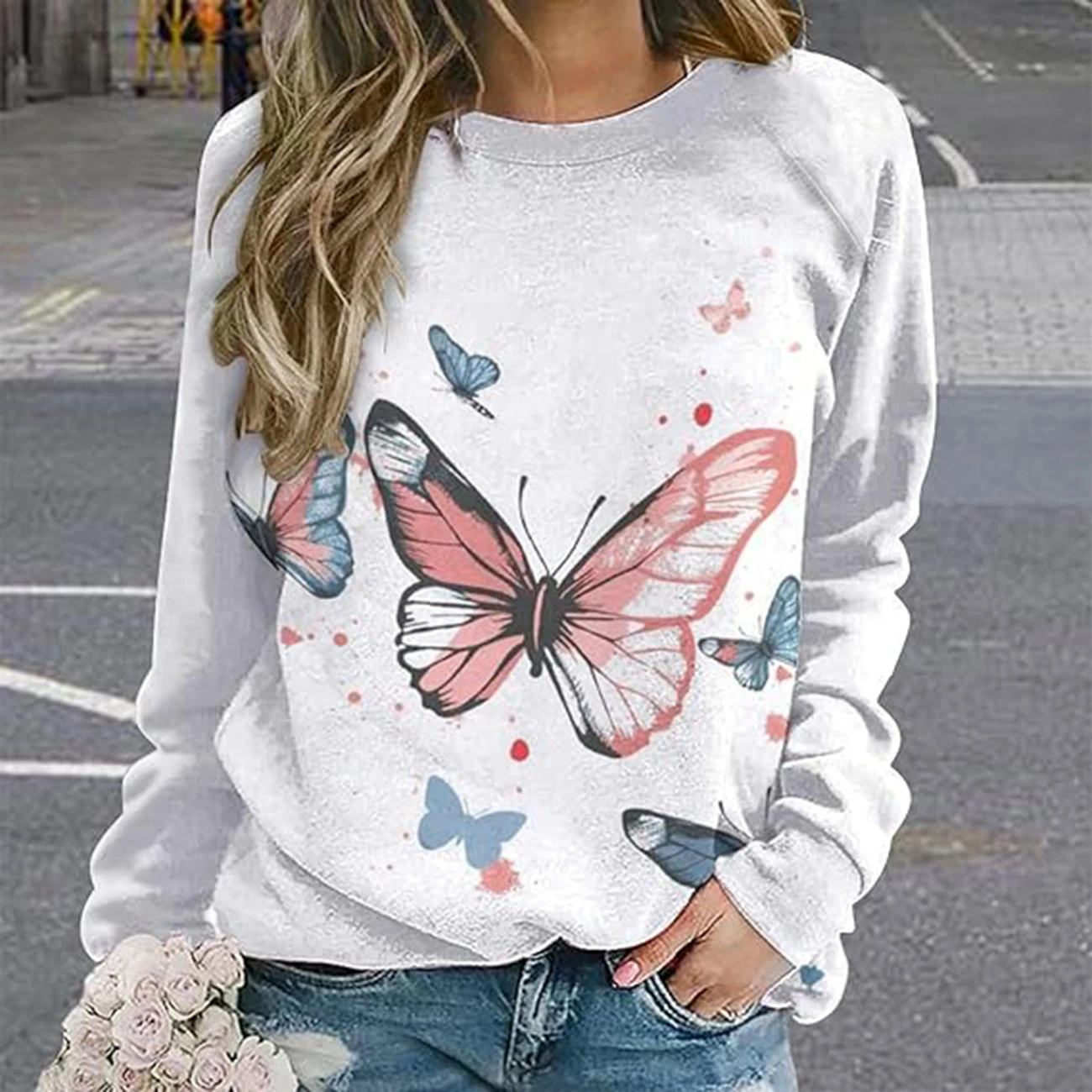 أزياء المرأة القط فراشة بلوزات خريف ربيع عارضة Crewneck البلوز قمم بوهو الأزهار الجرافيك كم طويل بلايز