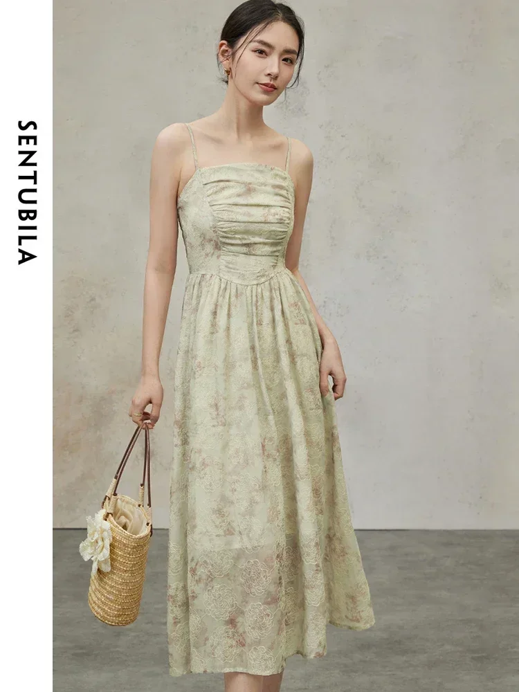 

SENTUBILA Embroidery Elegant Camisole Dress 2025 French Style Square Collar Sleeveless Dresses Summer New Clothing 142L54789