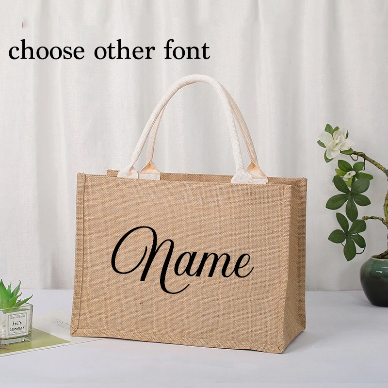 Manico bianco nome personalizzato borsa in juta borsa in tela borsa personalizzata da sposa addio al nubilato regalo Goodie borse ragazze viaggio madre