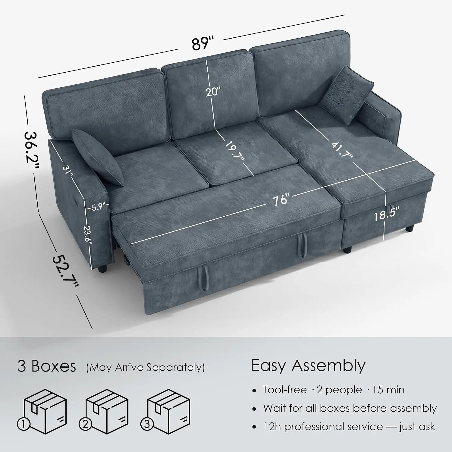L Shaped Sectional Sleeper Sofa With Console & Charging Ports, Chenille 3 Seater Pull Out Bed For Living Room, 89