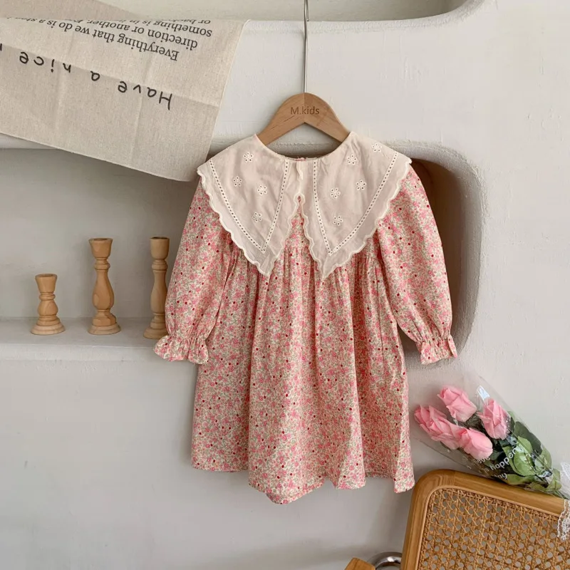 

Весенне-летнее розовое хлопковое платье для девочек 2026 года с воротником «Питер Пэн», цветочным принтом в пасторальном стиле, модное, для малышей 2-12 лет, милый наряд