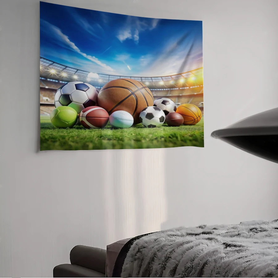 1PC Digital Printed Tapestry Wall Hanging, Stadium Sports Balls Collection Grass, Multi Sport Theme Boys Room Wall Decor