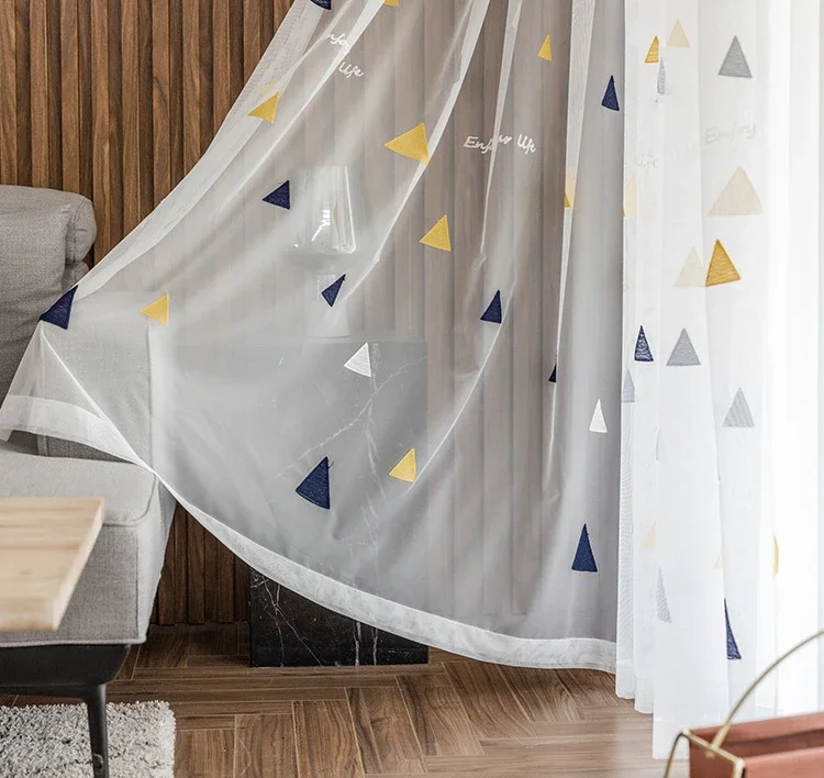 Simple Modern Nordic White Embroidered Window Screen 1pc Triangle Embroidery White Gauze Curtain Living Room and Bedroom
