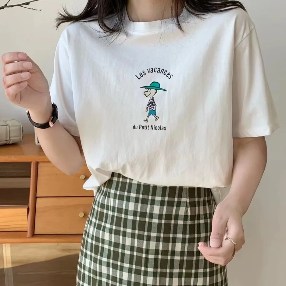 فضفاضة تناسب جولة Ne Ort Sve المرأة تي شيرت القطن الكرتون طباعة الكورية Sle الصيف أعلى ل حجم كبير تنفس الجلد ودية #2