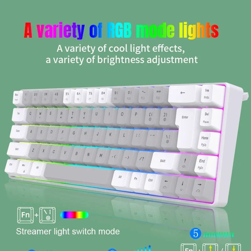 Tastiera RGB 68 tasti mini tastiere per PC da gioco computer tastiera USB per computer cablata (bianco e verde)
