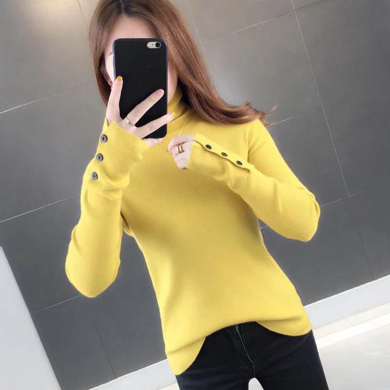 New Autumn Winter Turtleneck Women Sweater Solid Long Sleeve Button Knitted Pullovers Woman Fashion Slim Fit Elastic Knitwear