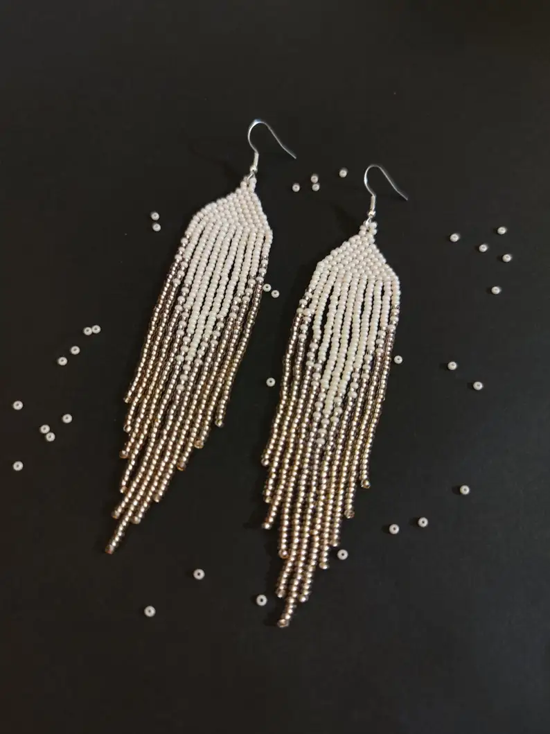 Beaded earrings Tassel Geometry Gradient color Bohemia female Trend Simple female Hand-woven Alloy Rice bead earrings